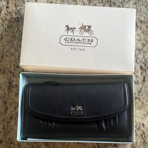 Coach Black Leather Continental Wallet with Silver Logo